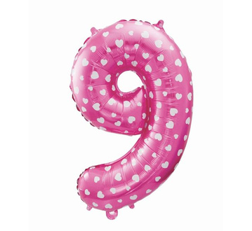 Balon foliowy cyfra "9" z serduszkami.
