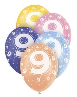 Balony z cyfrą 9, mix kolorów 5szt./op.