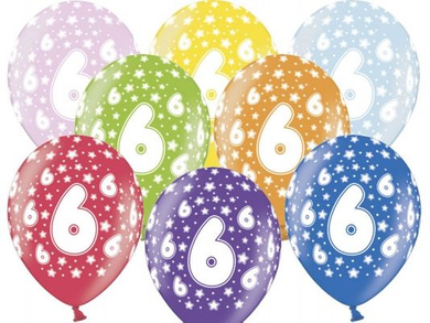 Balony z cyfrą 6, mix kolorów 6szt./op.