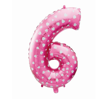 Balon foliowy cyfra "6" z serduszkami.
